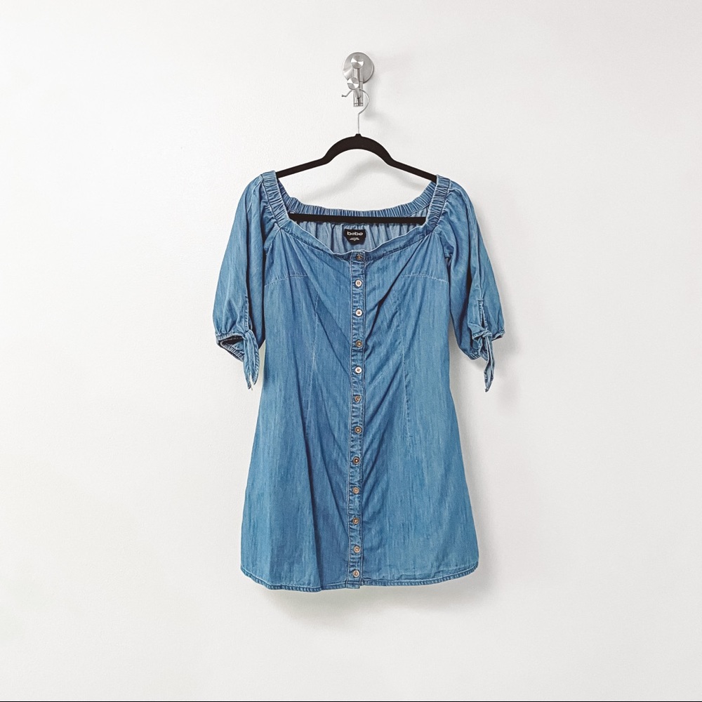 Bebe Summer Fall Chic Off Shoulder Button Up Denim Mini Dress w/ Tie Sleeves